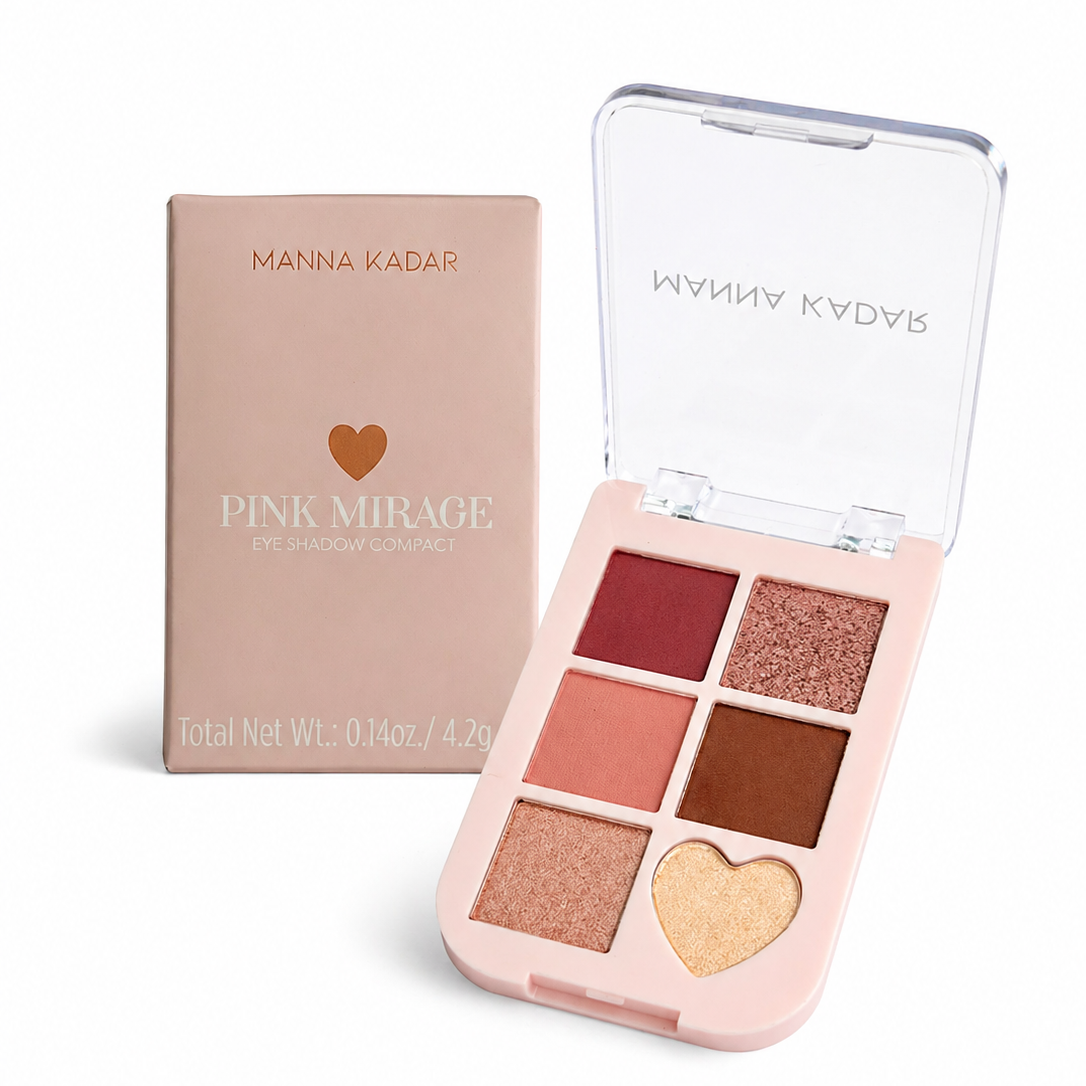 Makeup palette with heart-shaped compartments and Manna Kadar packaging on a white background