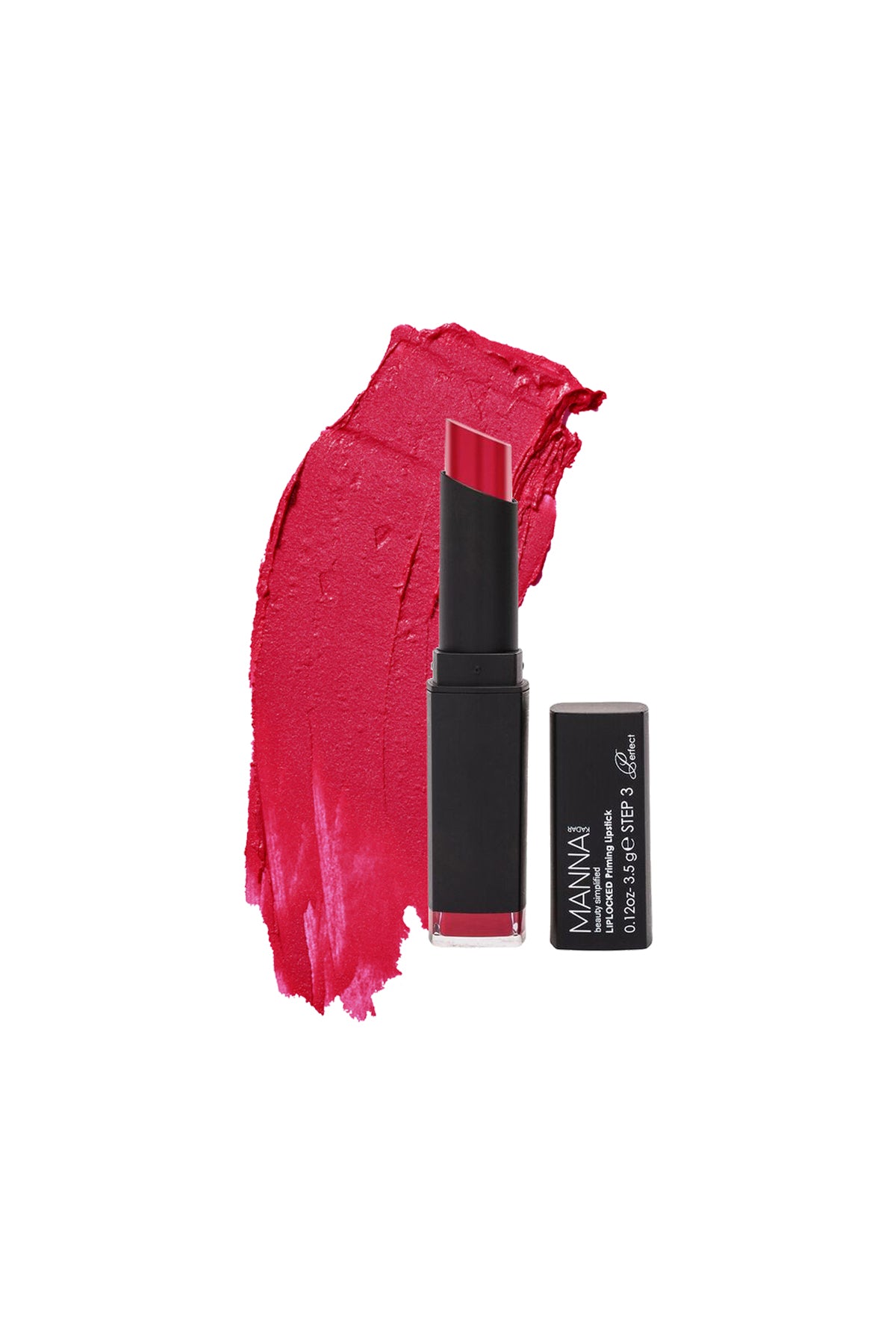 Manna Kadar Lip Locked Priming Lip Stick in shade Guilt. Guilt is a bright deep hot pink.