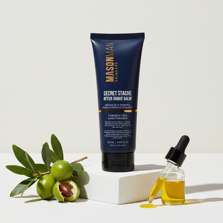 Mason & Main after shave balm with olives and a dropper on a white background