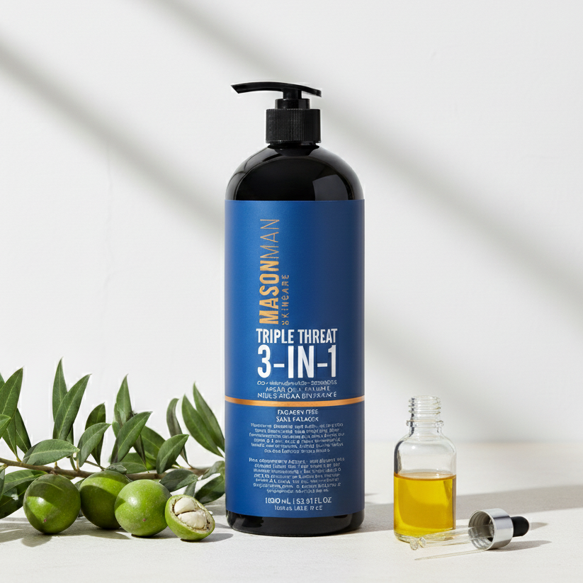 Bottle of Mason & Main Triple Threat 3-in-1 product with olive branch and oil on a white background