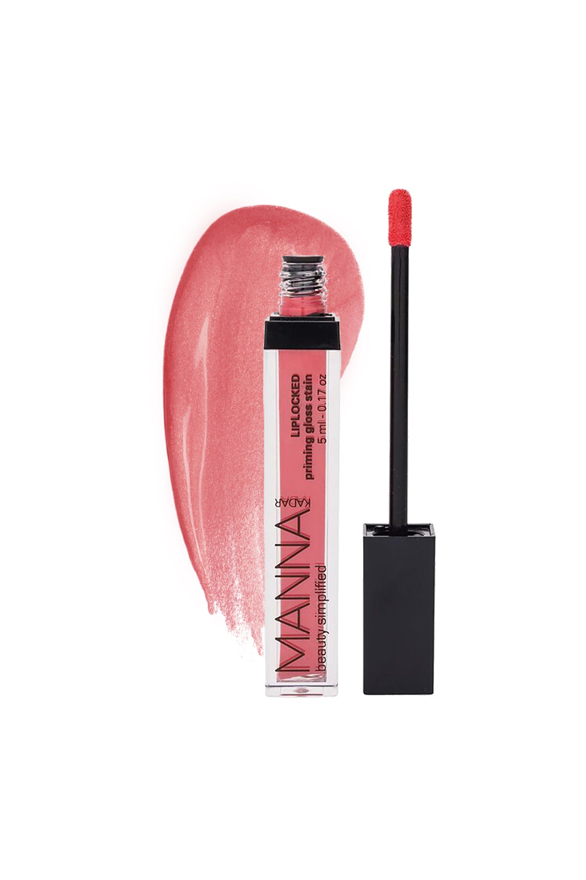 Manna Kadar Lip Locked Priming Lip Gloss in Coral Crush. Shade is a bright coral pink shiny lip gloss.