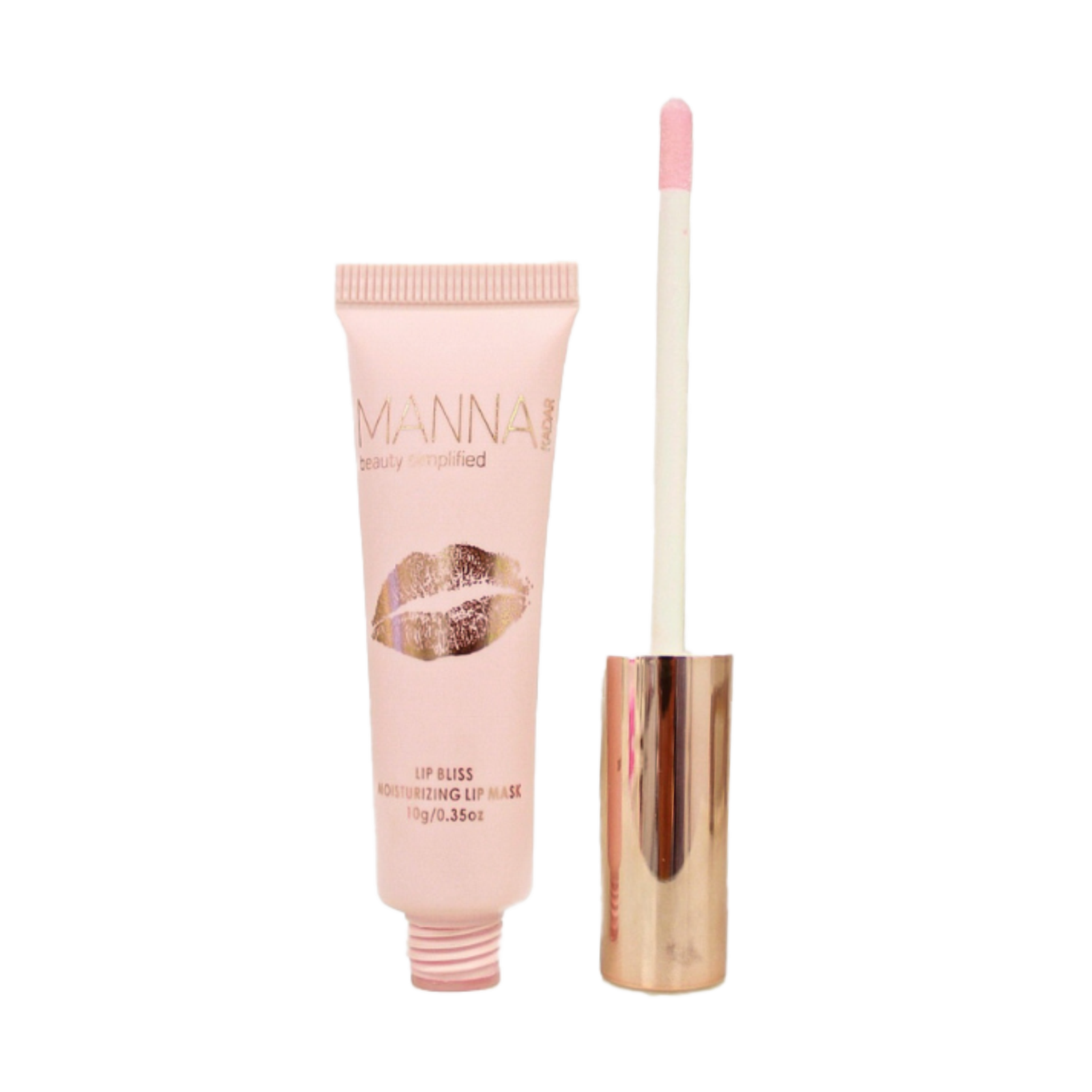 Manna kKadar Lip Bliss lip Mask on a white background in a pink tube with gold lips and a gold cap. cap is open showing the pink lip wand applicator. 