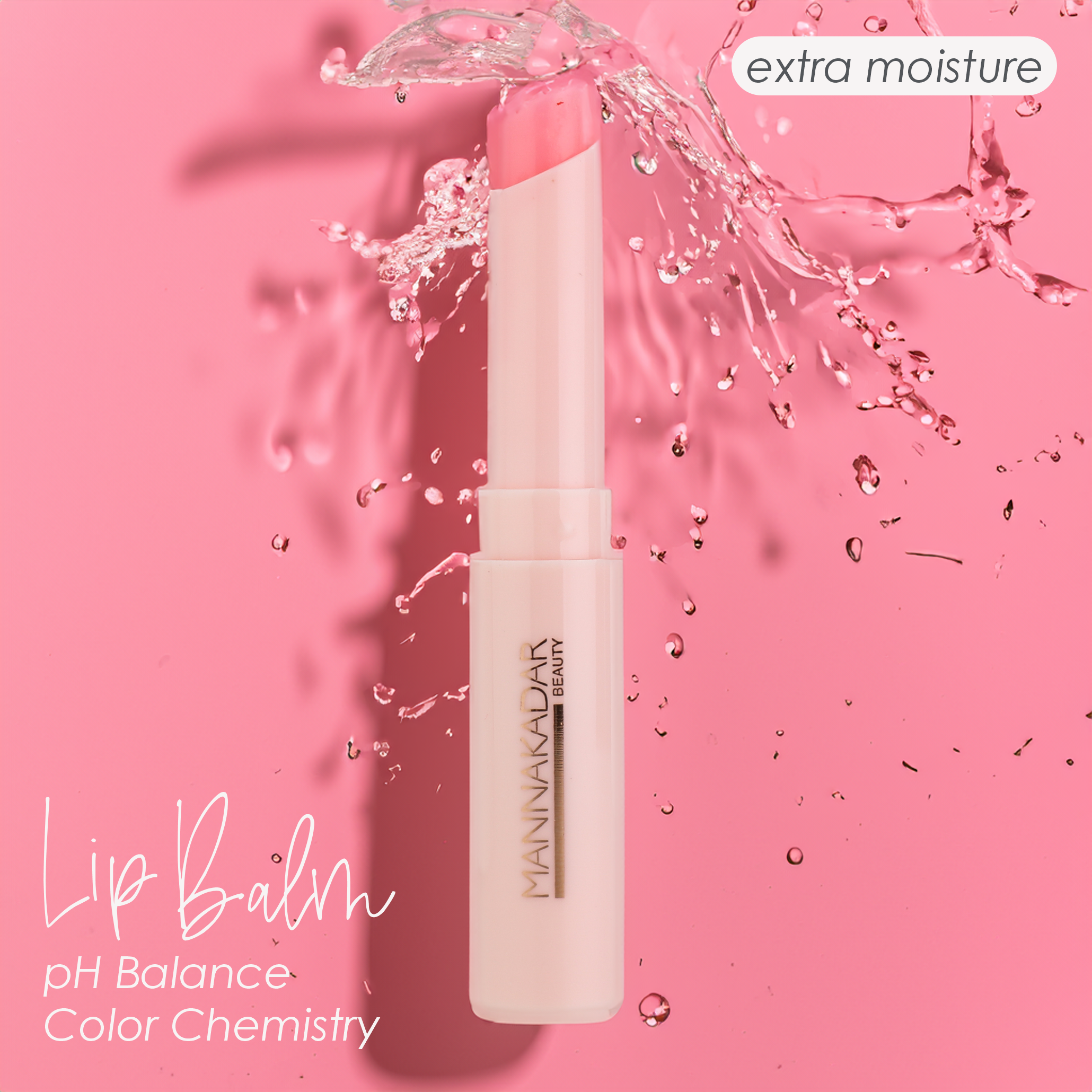 Manna Kadar Lip Balance pH Color Chemistry Lip Balm with splashing water to show moisturizing