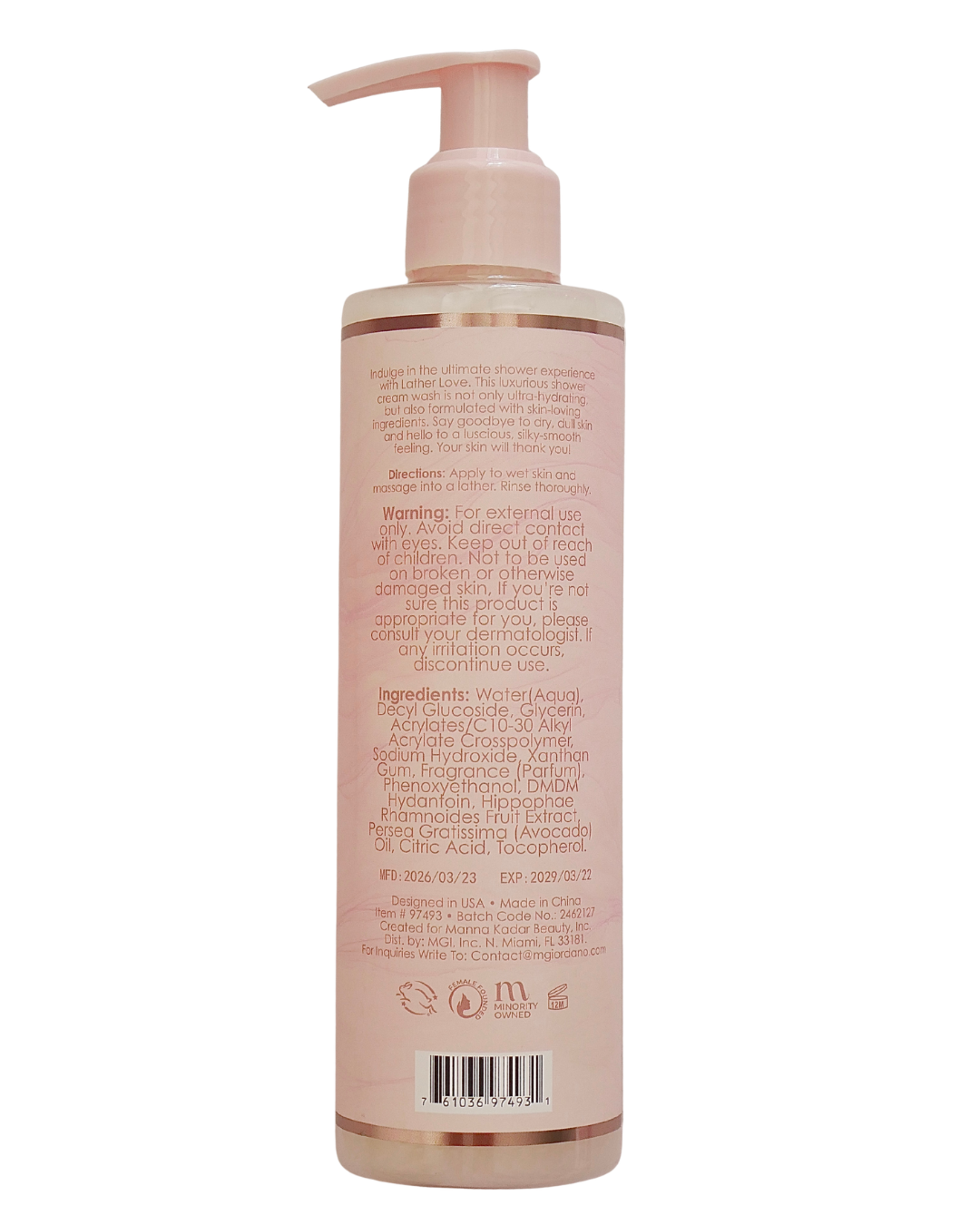 A pump bottle of hair care product shown from the back, featuring a pale pink and beige design with detailed text instructions and warnings printed on the container.