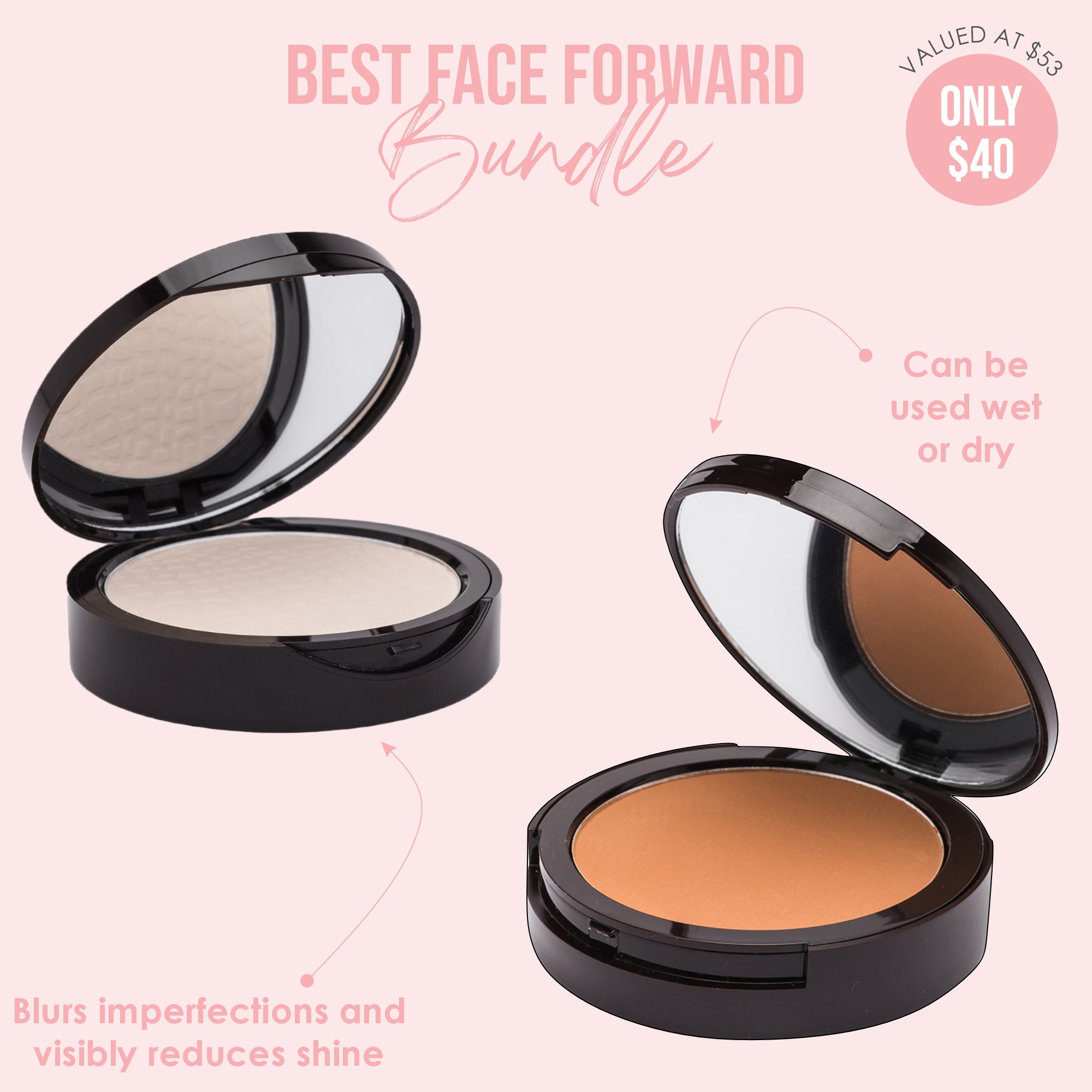 Manna Kadar HD Perfecting Powder compact half open showing product and interior mirror beside Dual Powder Foundation in shade C6 half open showing product and mirror. Pink background with value of $40 in text on the image