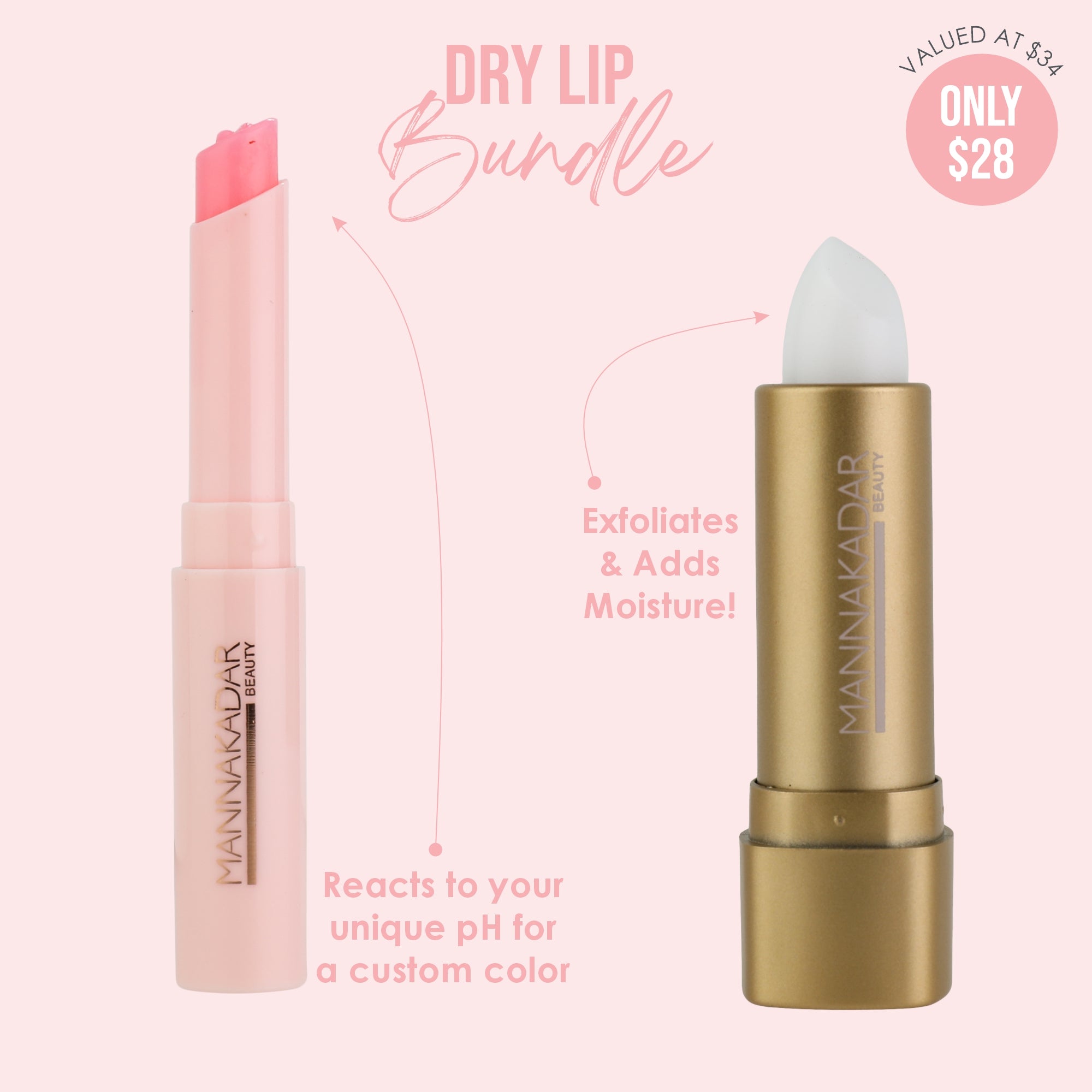 Manna Kadar Lip Balance pH Lip Balm and Lippie Lip Scrub 2.0 on pale pink background showing both products come in set.