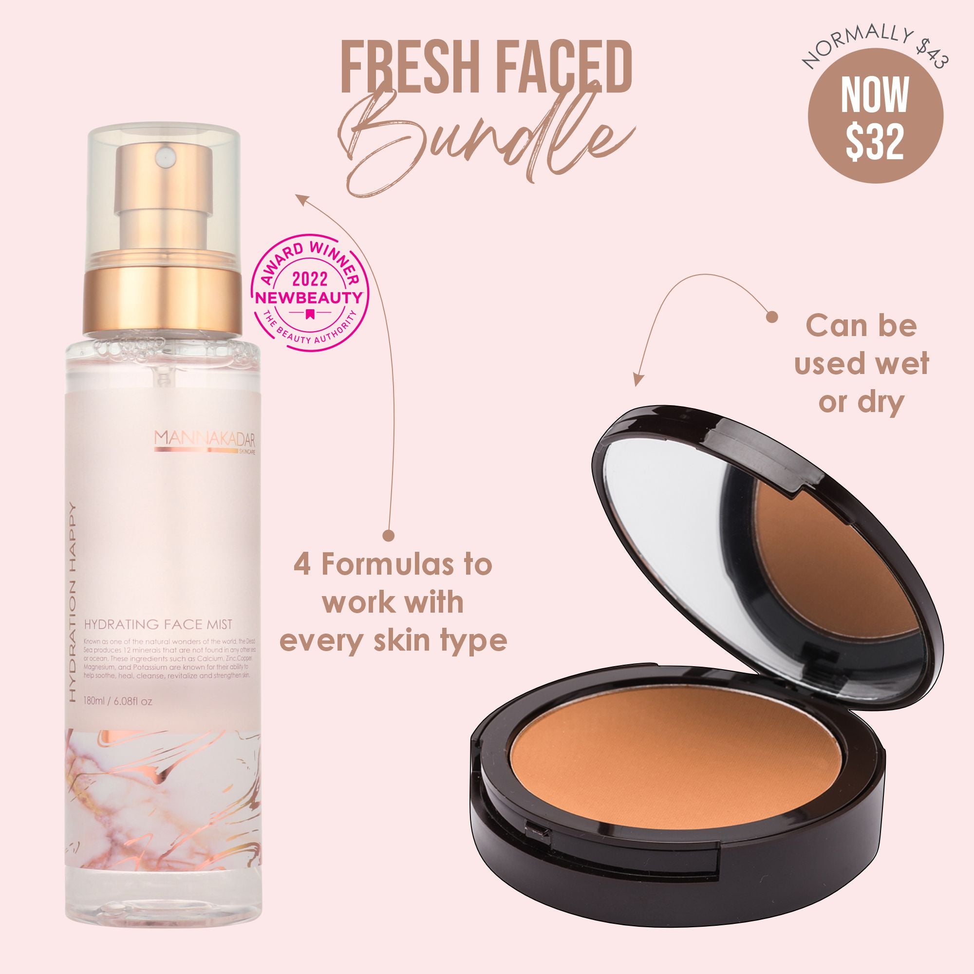 Skincare product and compact powder with promotional text on a light pink background