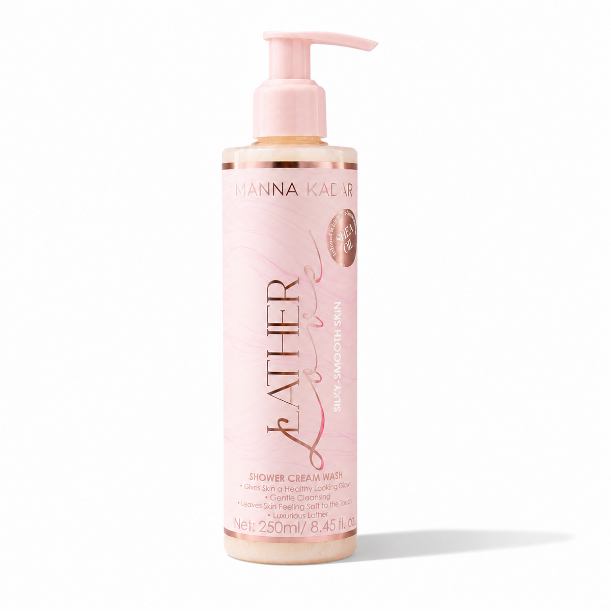 Lather Love Shower Cream Wash, featuring a light pink pump dispenser and a matching pink label with elegant gold lettering, set against a plain white background.