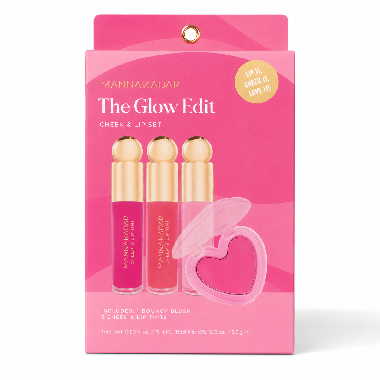 Manna Kadar The Glow Edit Cheek & Lip Set in its retail packaging, featuring three lip products and a heart-shaped sponge on a white background.