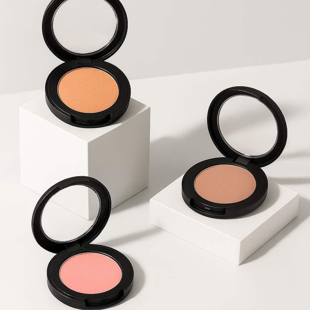 Two compact makeup products, one peach glow and one rosewood shimmer, on a white background.
