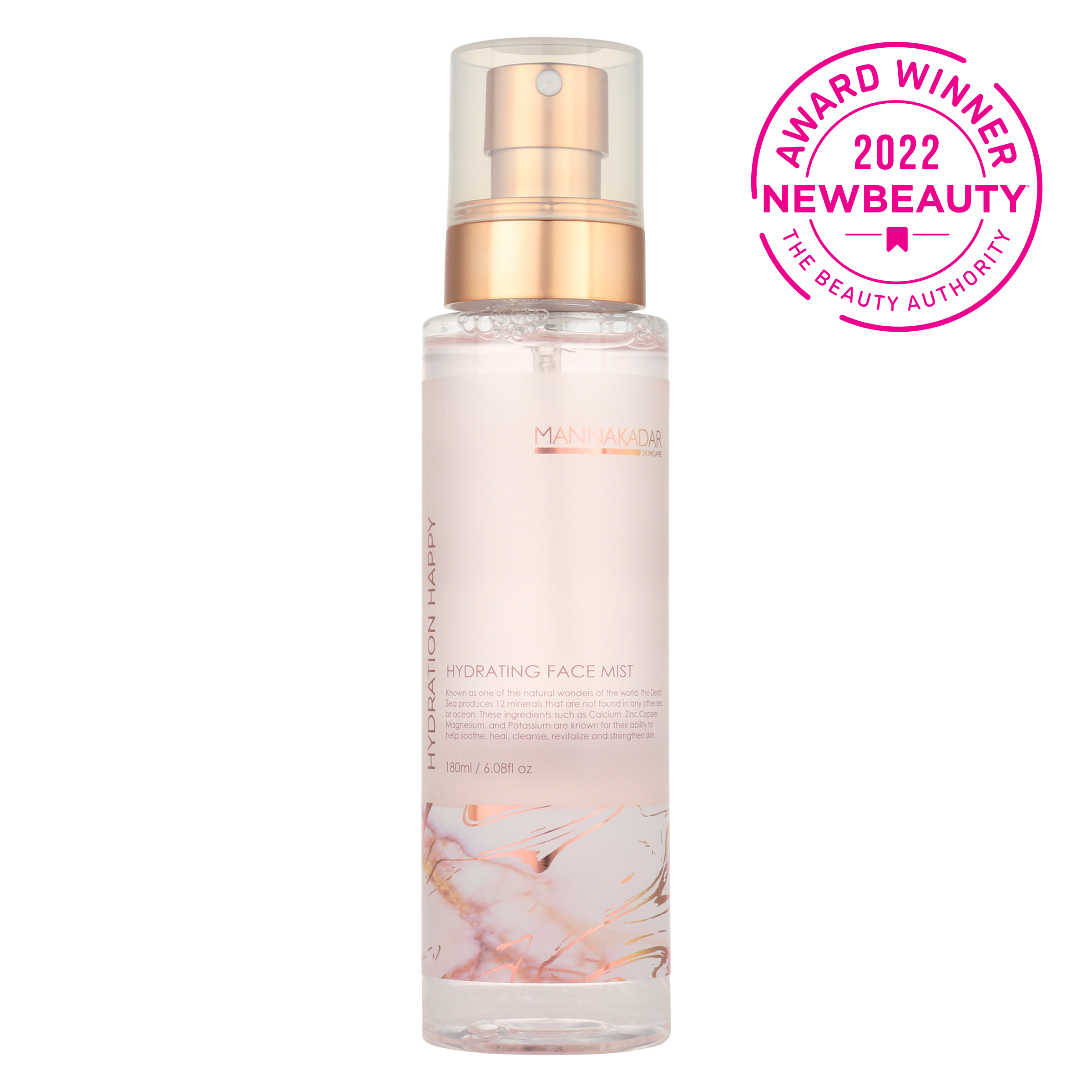 Happy Hydration Face Mist by Manna Kadar Bottle with 2022 New Beauty Award Logo
