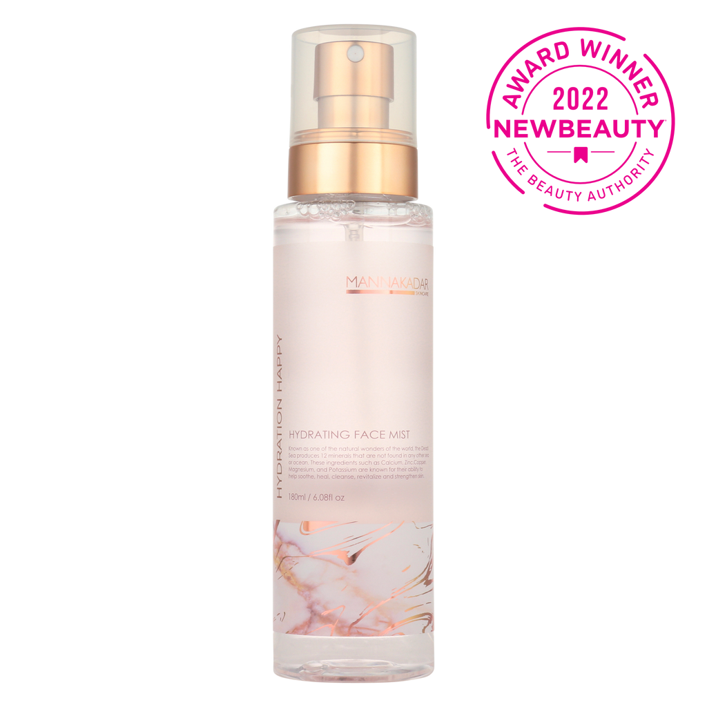 Happy Hydration Face Mist by Manna Kadar Bottle with 2022 New Beauty Award Logo