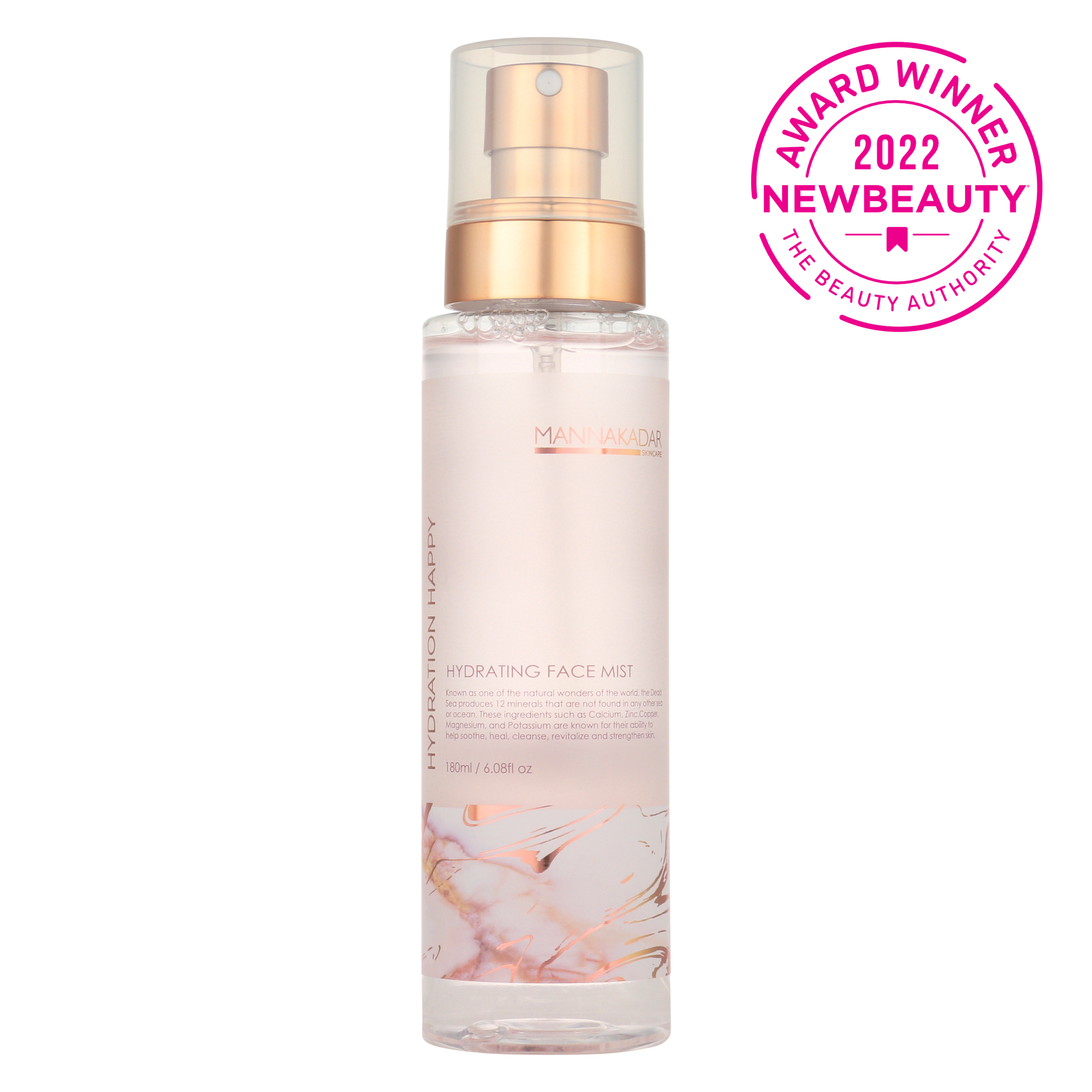 Happy Hydration Face Mist by Manna Kadar Bottle with 2022 New Beauty Award Logo