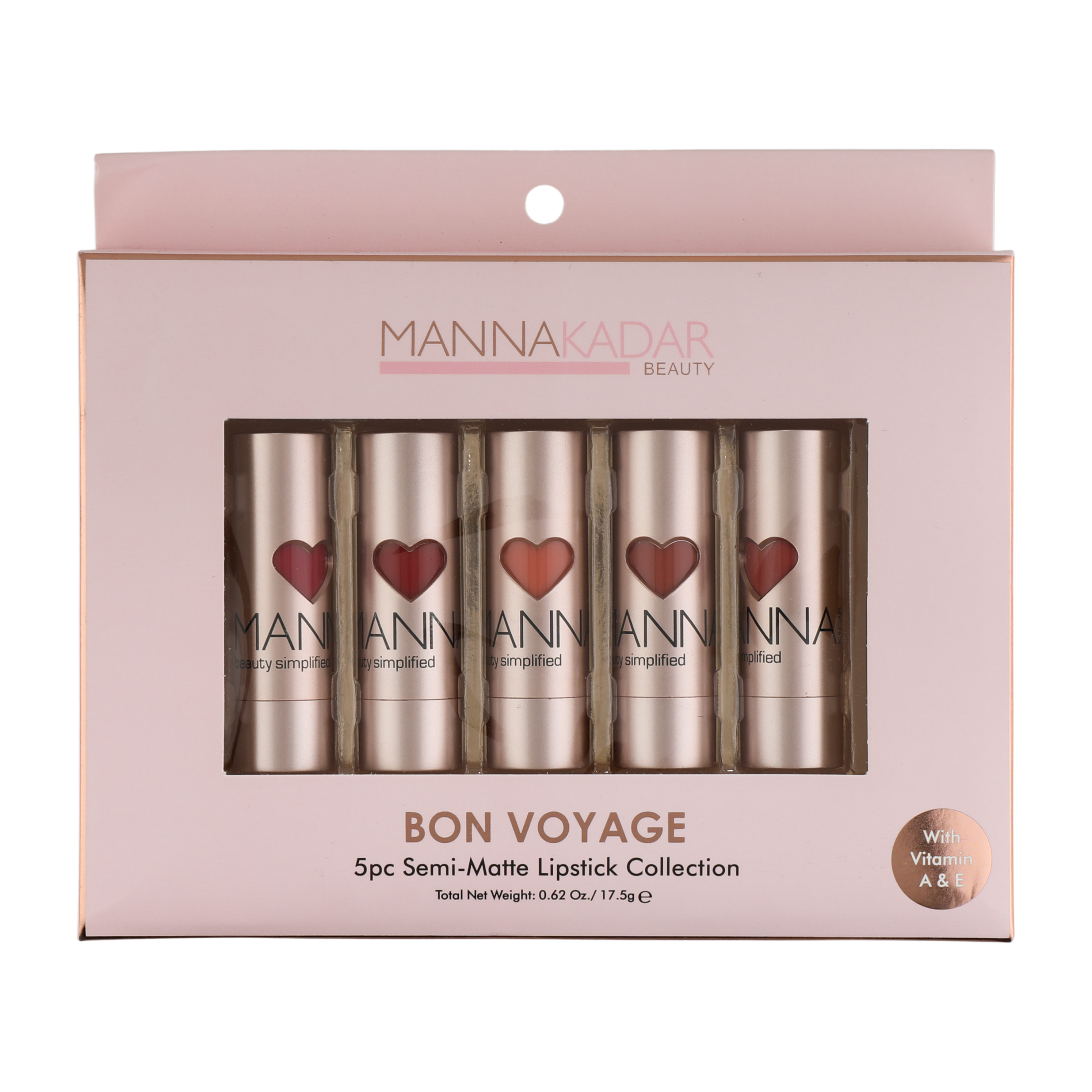 Manna Kadar Bon Voyage 5pc Lipstick Set in shades of Coral, Red, Peach, Burgundy & Dark Mauve in rose gold packaging with heart cutout showing the shade inside.