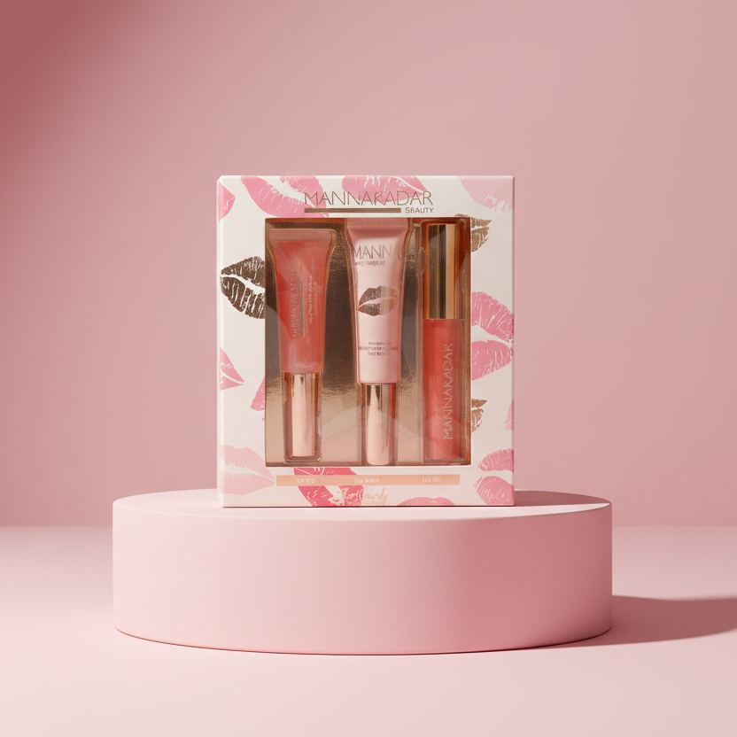 Makeup set with lip products in a decorative box on a pink platform against a pink background