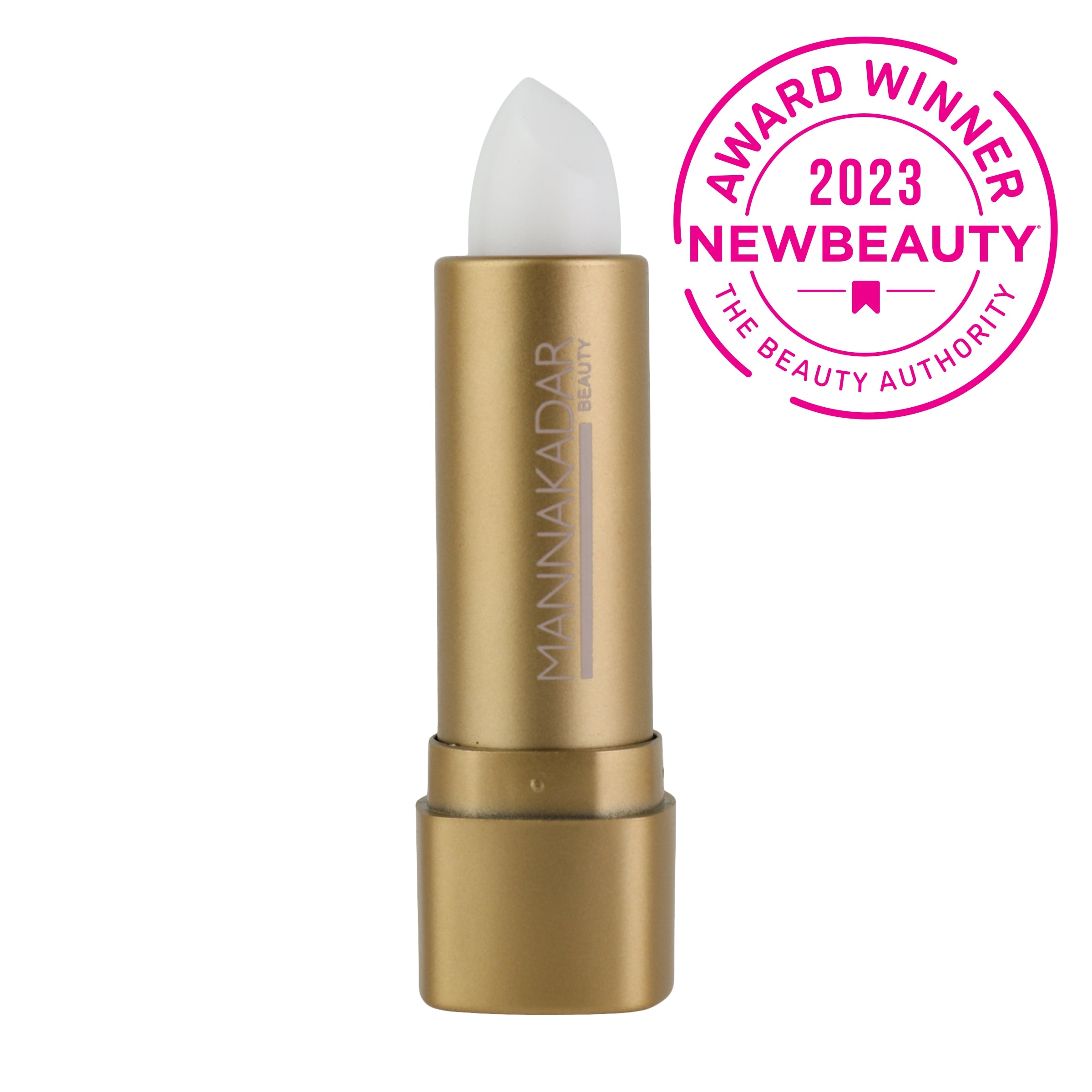 Manna Kadar Lippie Lip Scrub 2.0 open in gold tube with logo on white background. Hot pink 2023 New Beauty Award Winner seal on top left corner. 
